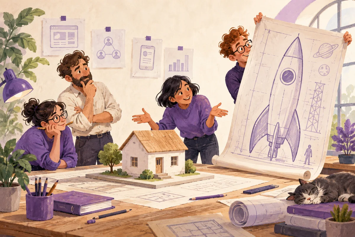 Four tiny architects debate a simple house model, one holding an absurdly oversized rocket blueprint, warm humorous metaphor for overbuilding.
